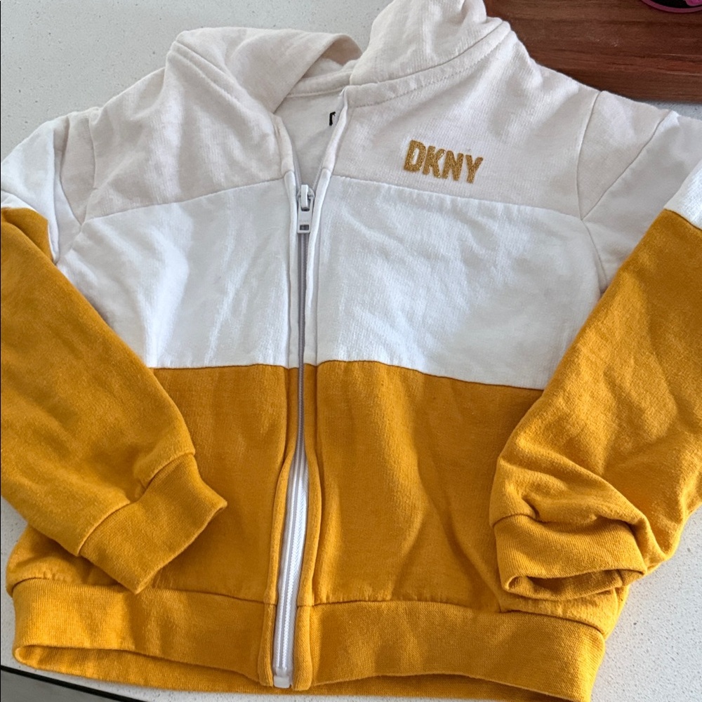 DKNY White & Mustard Colorblock Hooded Zip Sweatshirt